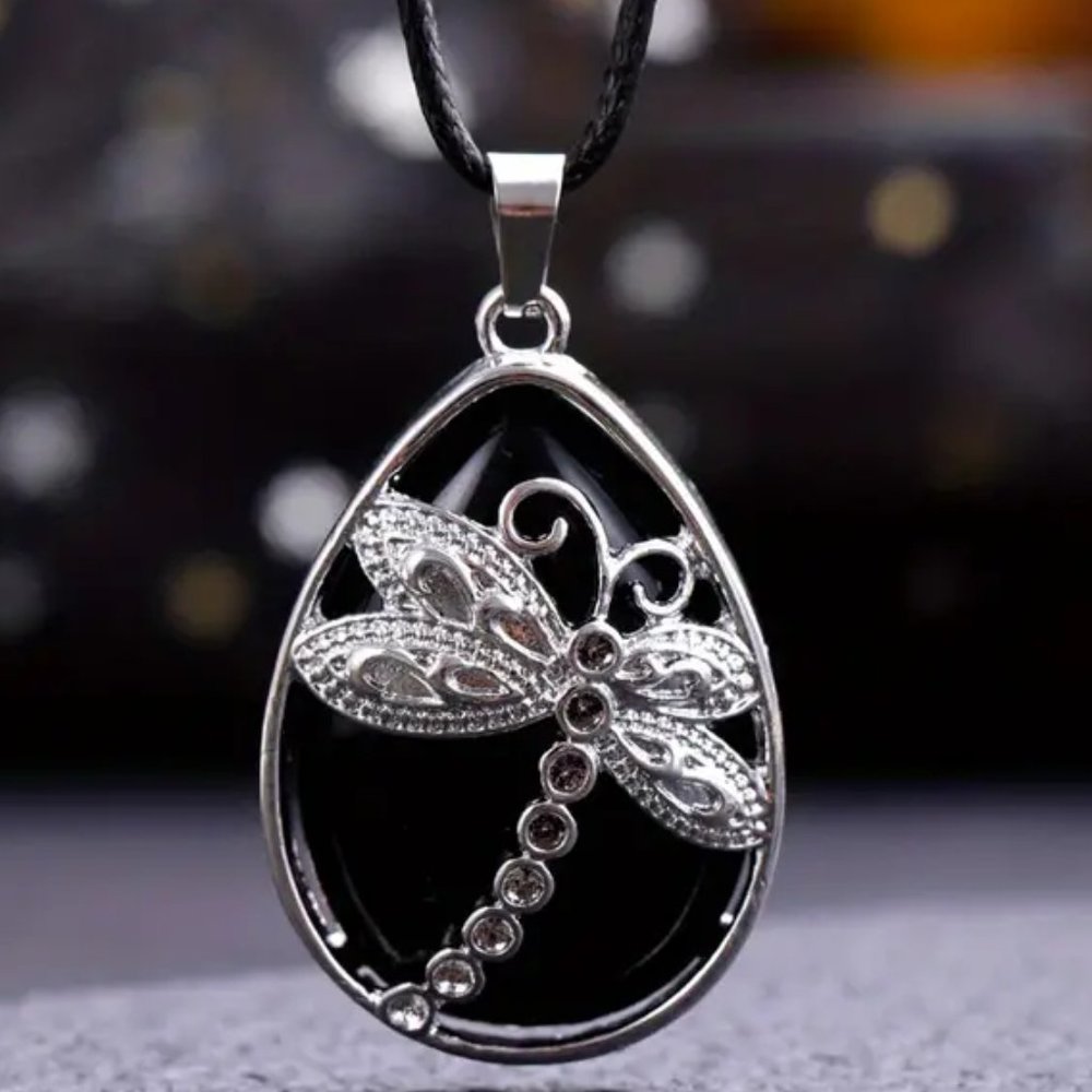 Black Obsidian Dragonfly Natural Stone Drop Pendant Necklace Healing Gemstone